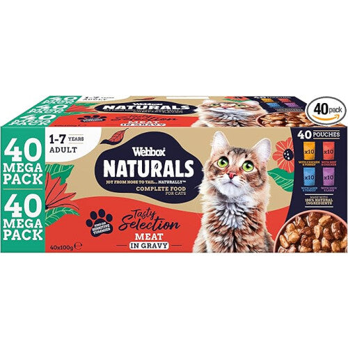 WEBBOX NATURALS Complete Adult Wet Cat Food, 40 x Meat in Gravy Variety Mega Pack - Made with Natural Ingredients and No Nasties (40 x 100g Pouches)