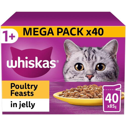 Whiskas 1+ Adult Poultry Selection in Jelly 40 Pouches, Adult Wet Cat Food, Megapack (40 x 85 g)