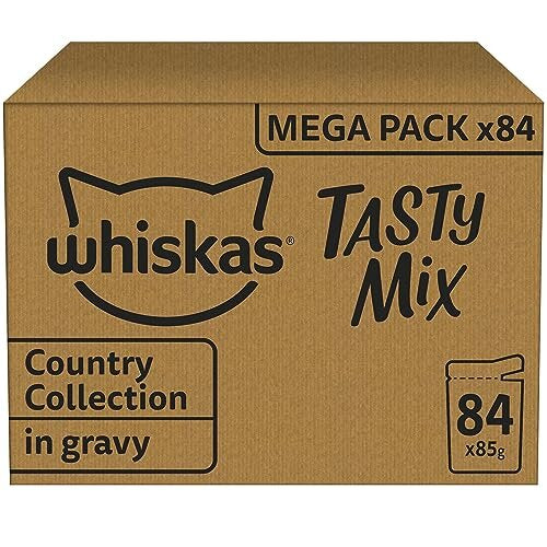 Whiskas 1+ Adult Tasty Mix in Gravy 84 Pouches, Adult Wet Cat Food, Country Collection, Megapack (84 x 85 g)