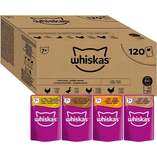 Whiskas 7+ Senior Poultry Selection in Jelly 120 Pouches, Senior Wet Cat Food, Megapack (120 x 85 g)