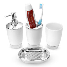 (White) 4Pcs Plastic Bathroom Set Cup Toothbrush Holder Soap Dish Dispenser Bottle Washroom Accessories