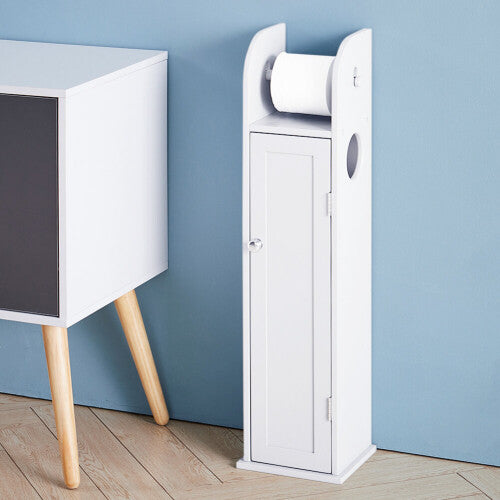 (White) Free Standing Bathroom Toilet Paper Roll Holder Cabinet