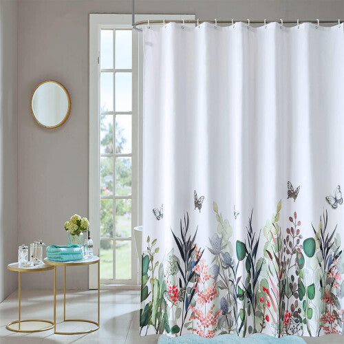 (Wildflower Design, 180cm x 200cm) Shower Curtain 90GSM Polyester Fabric Bathroom Curtain with 12 Curtain Hook Mould & Mildew Resistant Waterproof Bath Curtain Long Shower Curtain Liner