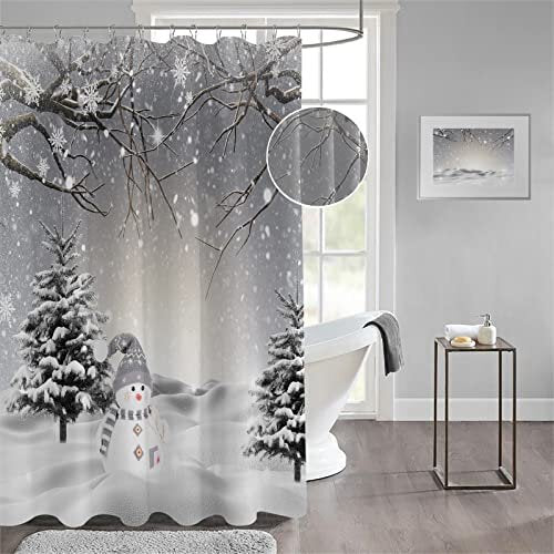 Winter Christmas Shower Curtain, Cute Snowman Snowflake Scene Shower Curtains for Bathroom, Pine Tree Covered Snow Fabric Bath Curtains Set with Hooks