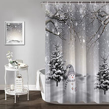 Winter Christmas Shower Curtain, Cute Snowman Snowflake Scene Shower Curtains for Bathroom, Pine Tree Covered Snow Fabric Bath Curtains Set with Hooks