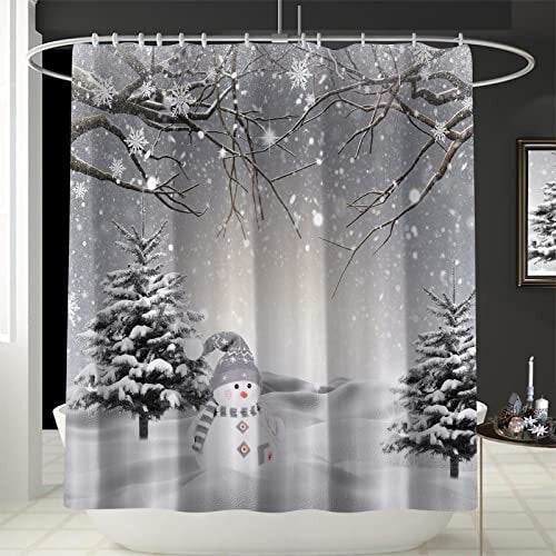 Winter Christmas Shower Curtain, Cute Snowman Snowflake Scene Shower Curtains for Bathroom, Pine Tree Covered Snow Fabric Bath Curtains Set with Hooks