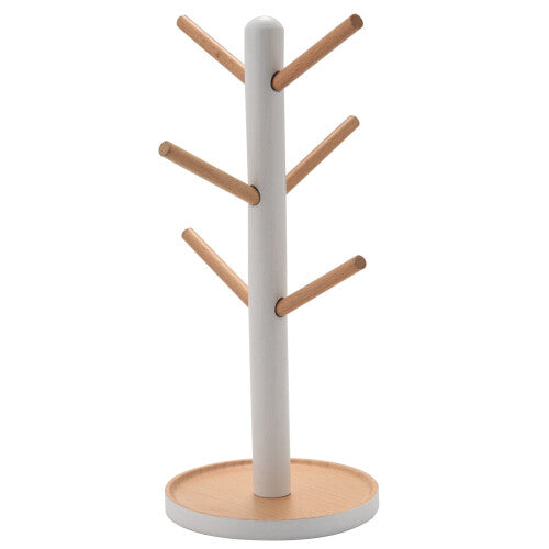 Wooden Mug Hanging Display Rack Drinkware Shelf with 6 Hooks Tree Shape Wood Coffee Tea Cup Storage Holder Stand White