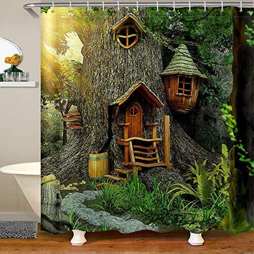 Woodland Waterproof Shower Curtain Tree House Decor Bathroom Shower Curtain Kids Boys Girls Fantasy Cartoon Illustration Art Shower Curtain with Hooks