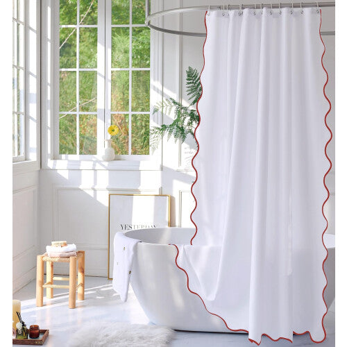 youngseahome White Fabric with Rust Scalloped Border Shower Curtain Boho Chic Cloth Shower Curtain for Bathroom Showers 36 x 72 Inches