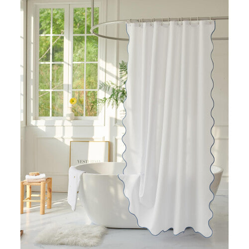 youngseahome White Fabric with Water Blue Scalloped Border Shower Curtain Boho Chic Cloth Shower Curtain for Bathroom Showers 96 x 72 Inches