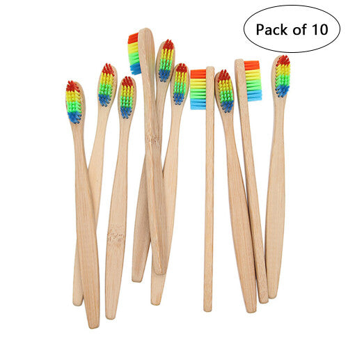 Youngshion Naturable Biodegradable Charcoal Bamboo Toothbrushes Eco-Friendly Tongue Cleaner with Soft Multi-Colour Bristles Pack of 10