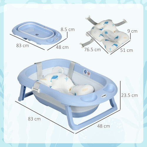 ZONEKIZ Foldable Baby Bathtub w/ Non-Slip Support Legs, Cushion Pad - Blue